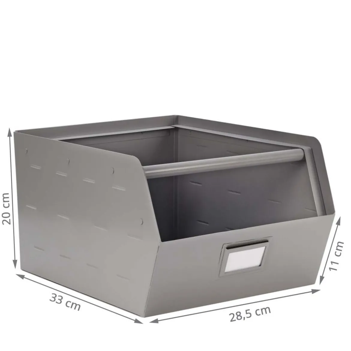 Bac de rangement empilable en métal gris avec porte étiquette