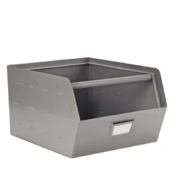 Bac de rangement empilable en métal gris avec porte étiquette