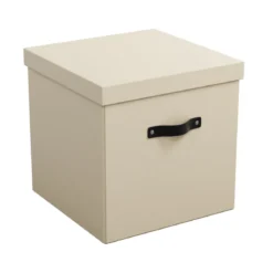 Boîte de rangement cube en carton beige avec couvercle et poignée