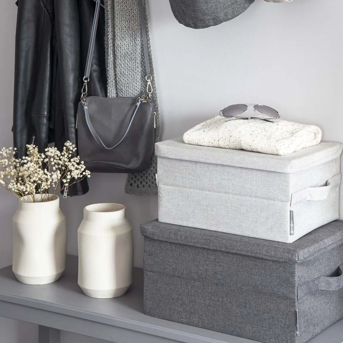 Boîte de rangement en tissu gris rigide et pliable L