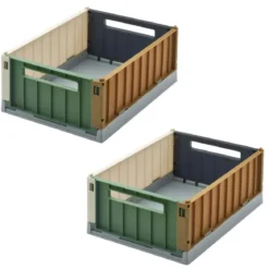 2 caisses pliables en plastique bleu et vert