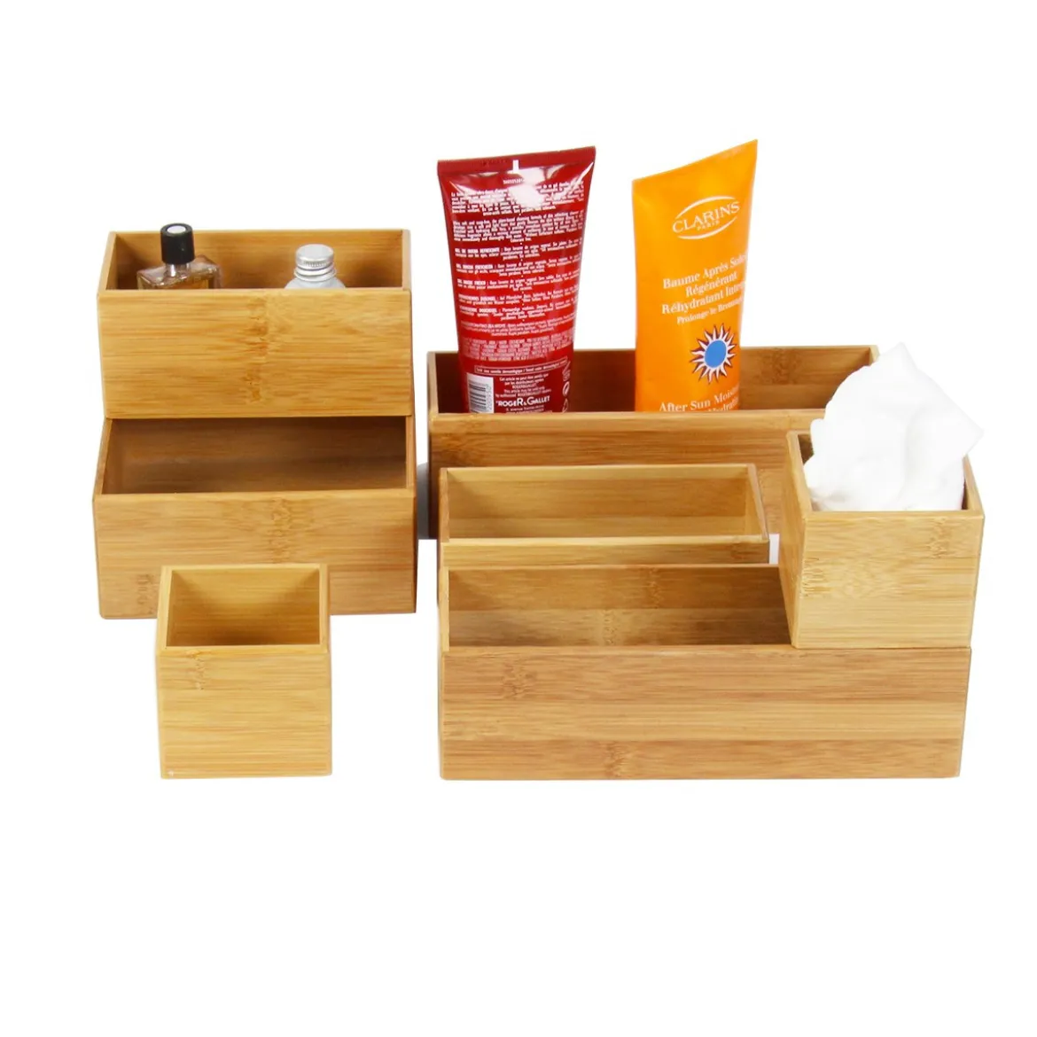 Organisateur de tiroirs, rectangulaire et superposable, en bambou. L