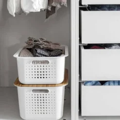 Panier de rangement en plastique recyclé avec couvercle en bambou 13 litres
