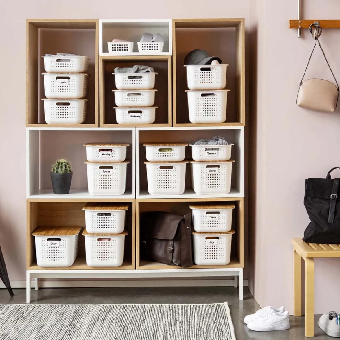 Panier de rangement en plastique recyclé avec couvercle en bambou 13 litres