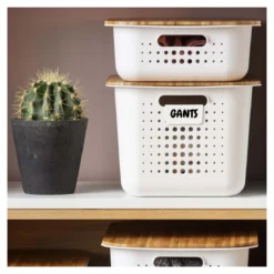 Panier de rangement en plastique recyclé avec couvercle en bambou 13 litres