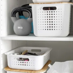 Panier de rangement en plastique recyclé avec couvercle en bambou 13 litres