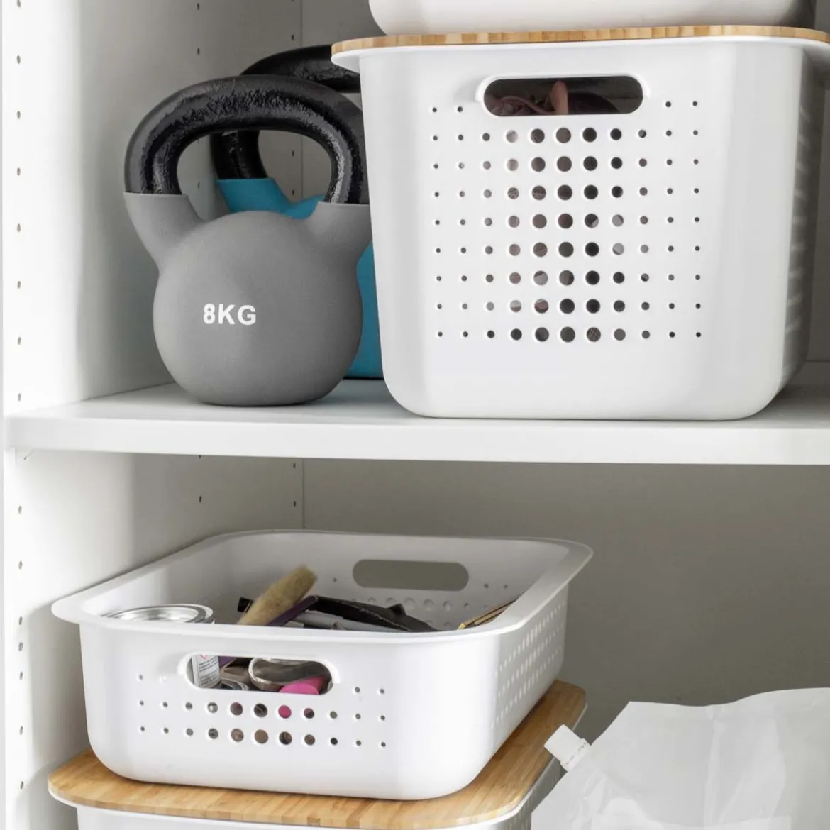 Panier de rangement en plastique recyclé avec couvercle en bambou 10 litres