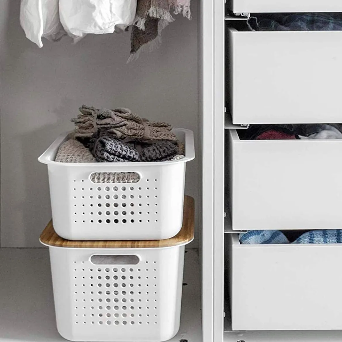 Panier de rangement en plastique recyclé avec couvercle en bambou 10 litres