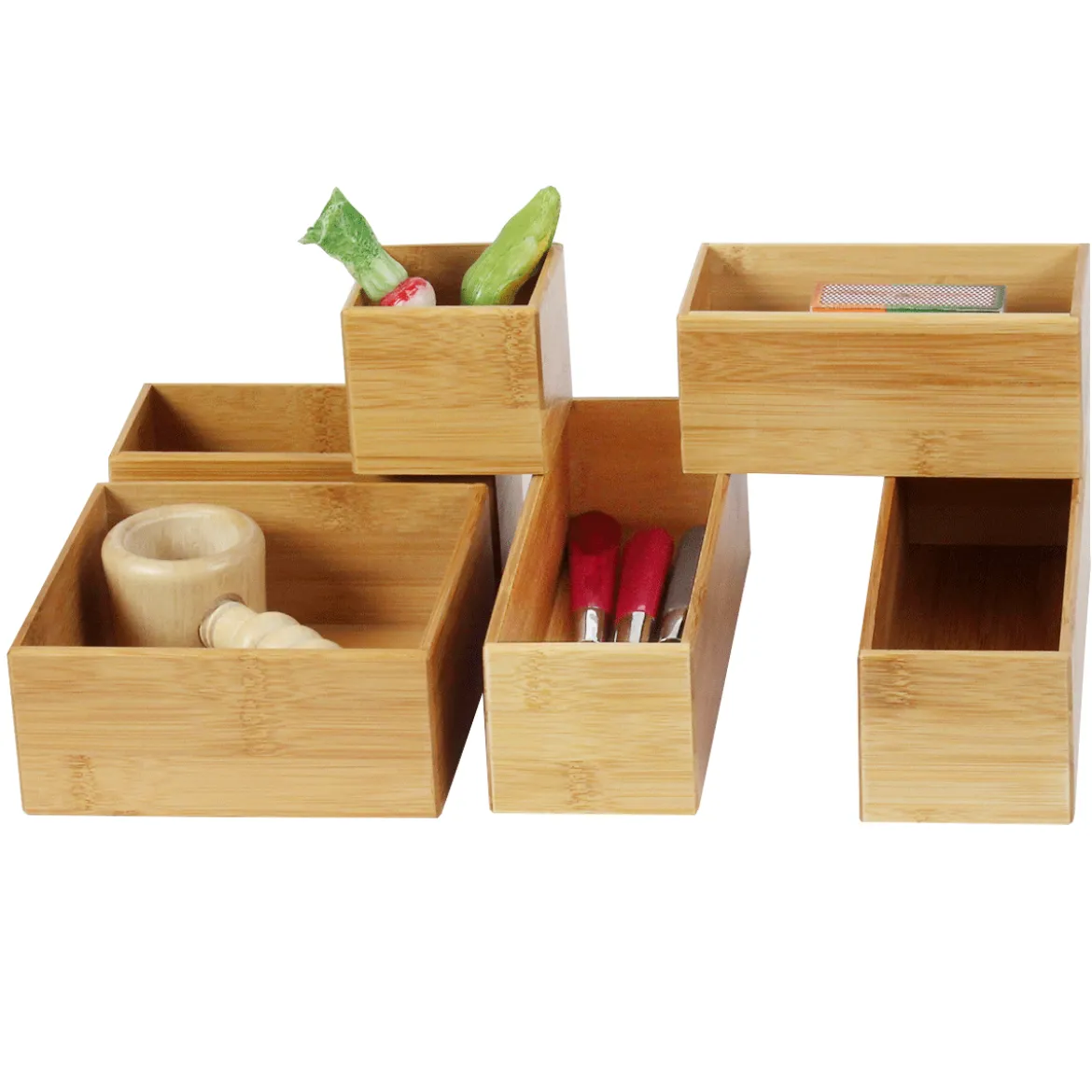 Petit organisateur de tiroirs, carré et superposable, en bambou. S