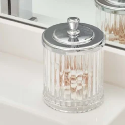Pot à coton cannelé en plastique transparent avec un couvercle en métal